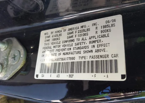 2006 Honda Accord 2.4 Ex из США, поврежденный, VIN 1HGCM56736A177990